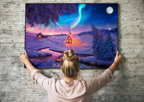 Colorful Winter Wonderland Oil Painting Wall Art | Northern Lights Landscape Decor | Panoramic Poster