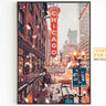 Poster di Chicago, stampa di luci natalizie invernali, insegna teatrale, regalo dello Stato dell'Illinois, foto di fiocchi di neve, luci di Capodanno, poster degli Stati Uniti