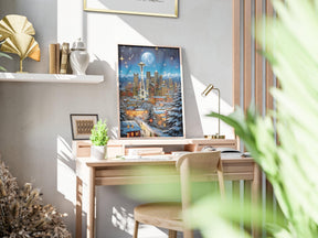 Vintage Christmas Washington Poster, Seattle Night, Nostalgic Winter Art, Travel Poster Gift for Christmas, Full Moon, Starry Sky