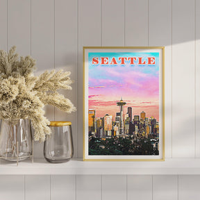 Seattle Poster • Printable Wall Art For World Traveller • Pink Orange Colorful • Retro Vibrant Print • USA Travel Gift • Digital Download