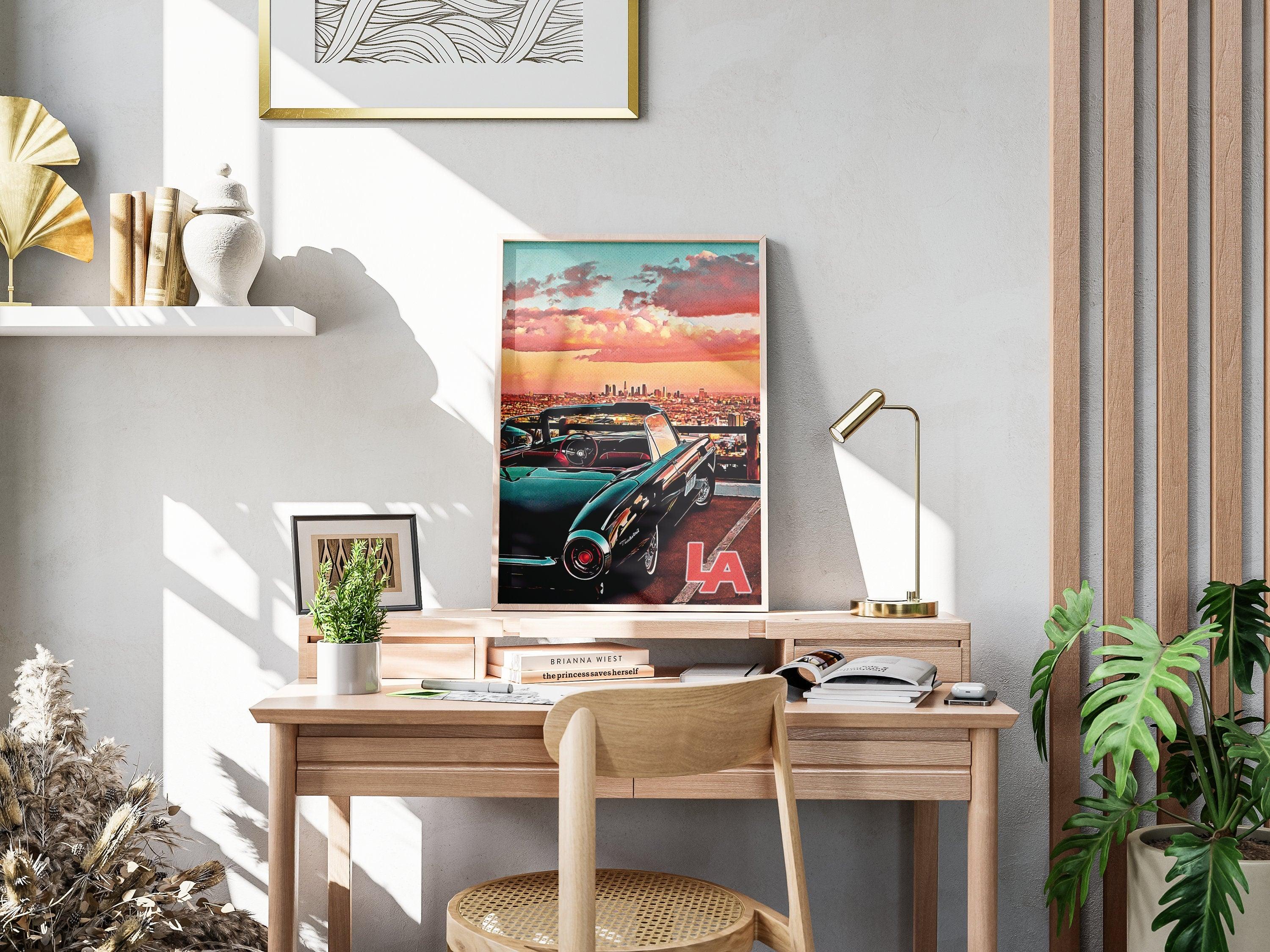 Los Angeles Skyline Poster, California Vintage Wall Art, Sunset Pastel Clouds, USA Travel Gift, Vibrant Retro Print, Aesthetic Retro Poster