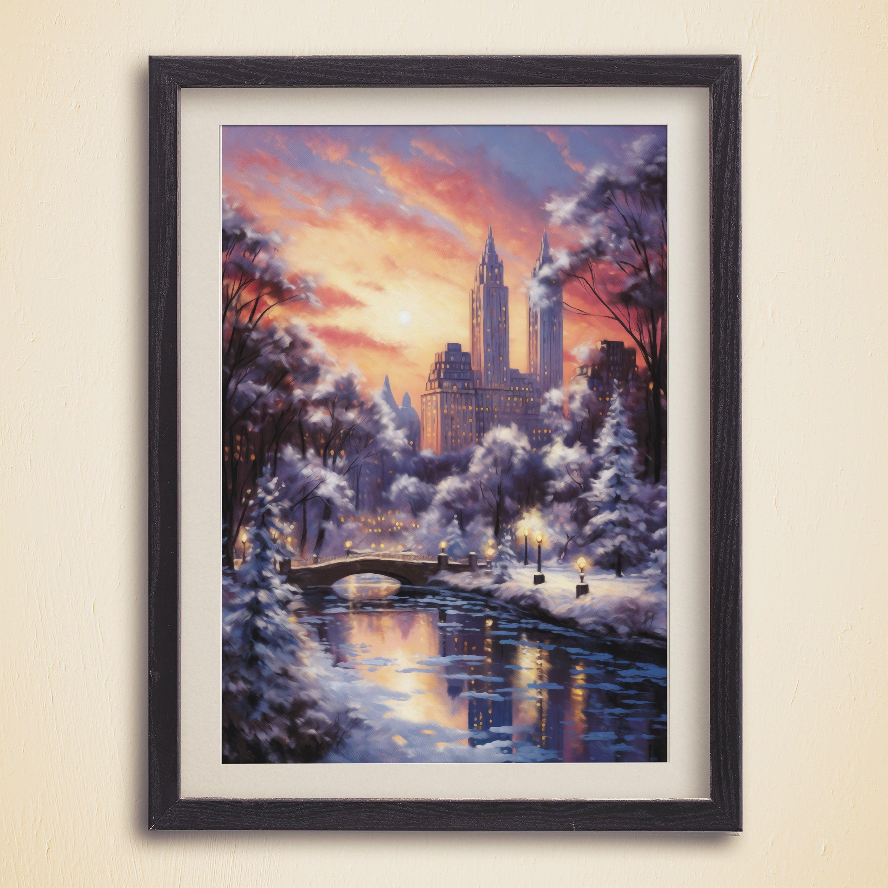 New York Winter Poster, Central Park Poster, Sunset Lights, Decor For World Traveller, Oil Painting Christmas Gift, Aesthetic Snowing