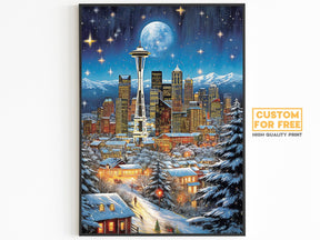 Vintage Christmas Washington Poster, Seattle Night, Nostalgic Winter Art, Travel Poster Gift for Christmas, Full Moon, Starry Sky