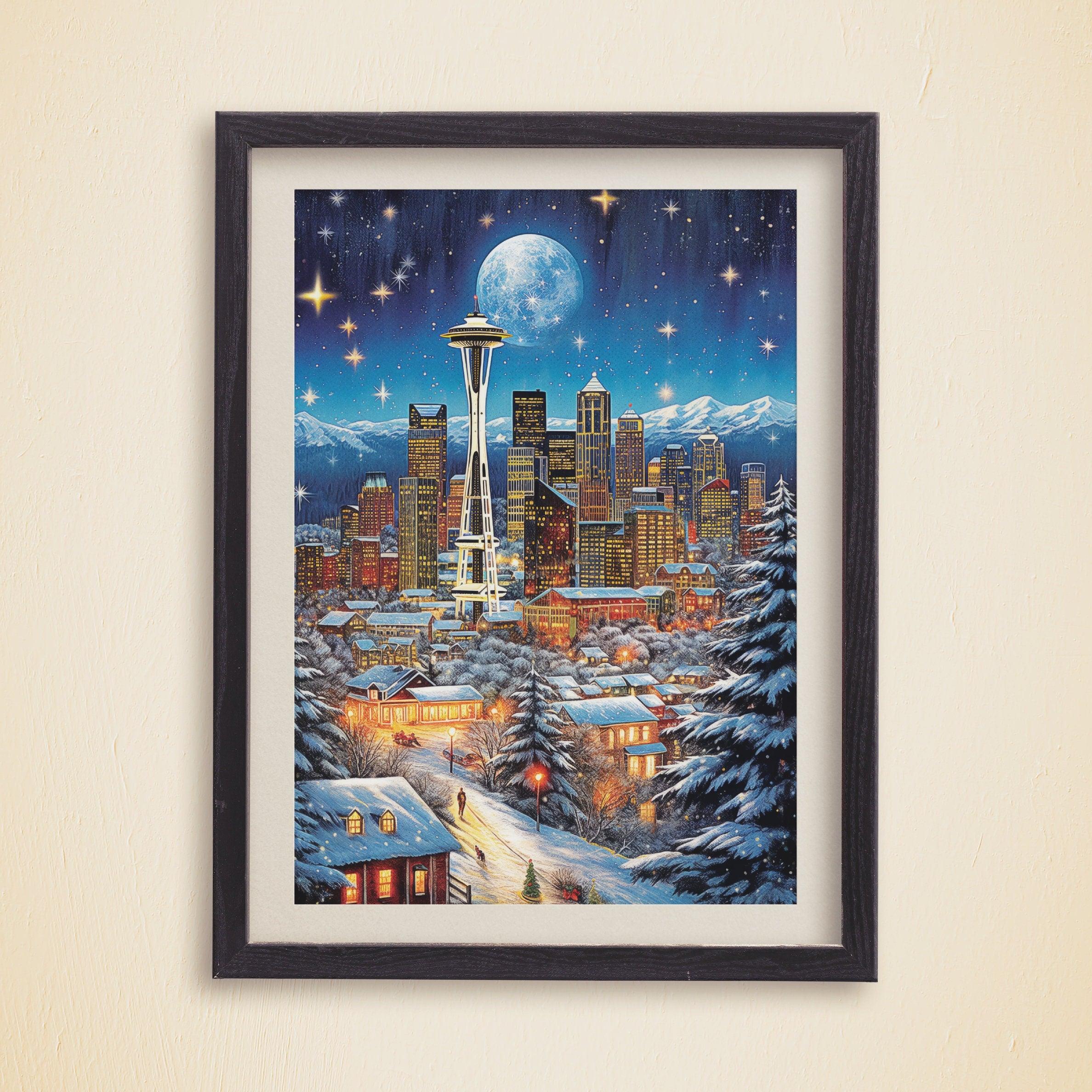 Vintage Christmas Washington Poster, Seattle Night, Nostalgic Winter Art, Travel Poster Gift for Christmas, Full Moon, Starry Sky