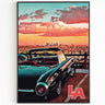 Poster con skyline di Los Angeles, arte murale vintage della California, nuvole pastello al tramonto, regalo di viaggio negli Stati Uniti, stampa retrò vibrante, poster retrò estetico