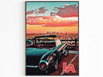 Poster con skyline di Los Angeles, arte murale vintage della California, nuvole pastello al tramonto, regalo di viaggio negli Stati Uniti, stampa retrò vibrante, poster retrò estetico