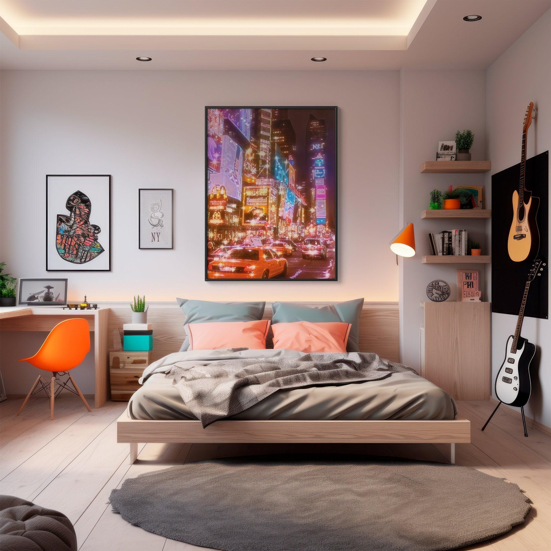 New York City Night, Neon Light Art, Trendy Fashion Poster, Bright Lights, NYC Movie, Aesthetic NY, Oil Painting Decoration, USA Travel Gift