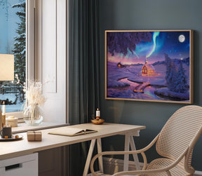 Colorful Winter Wonderland Poster - Dream Night, Northern Lights Mountain, Moon Phase Print, Starry Sky Night, Oil Painting Panoramic Art